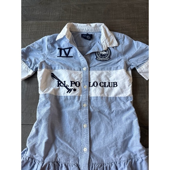 Ralph Lauren Polo Girls Blue White collared shift dress ruffled hem size 10 - Picture 2 of 12